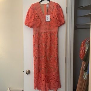 Adelyn Rae Crochet Lace Coral Dress